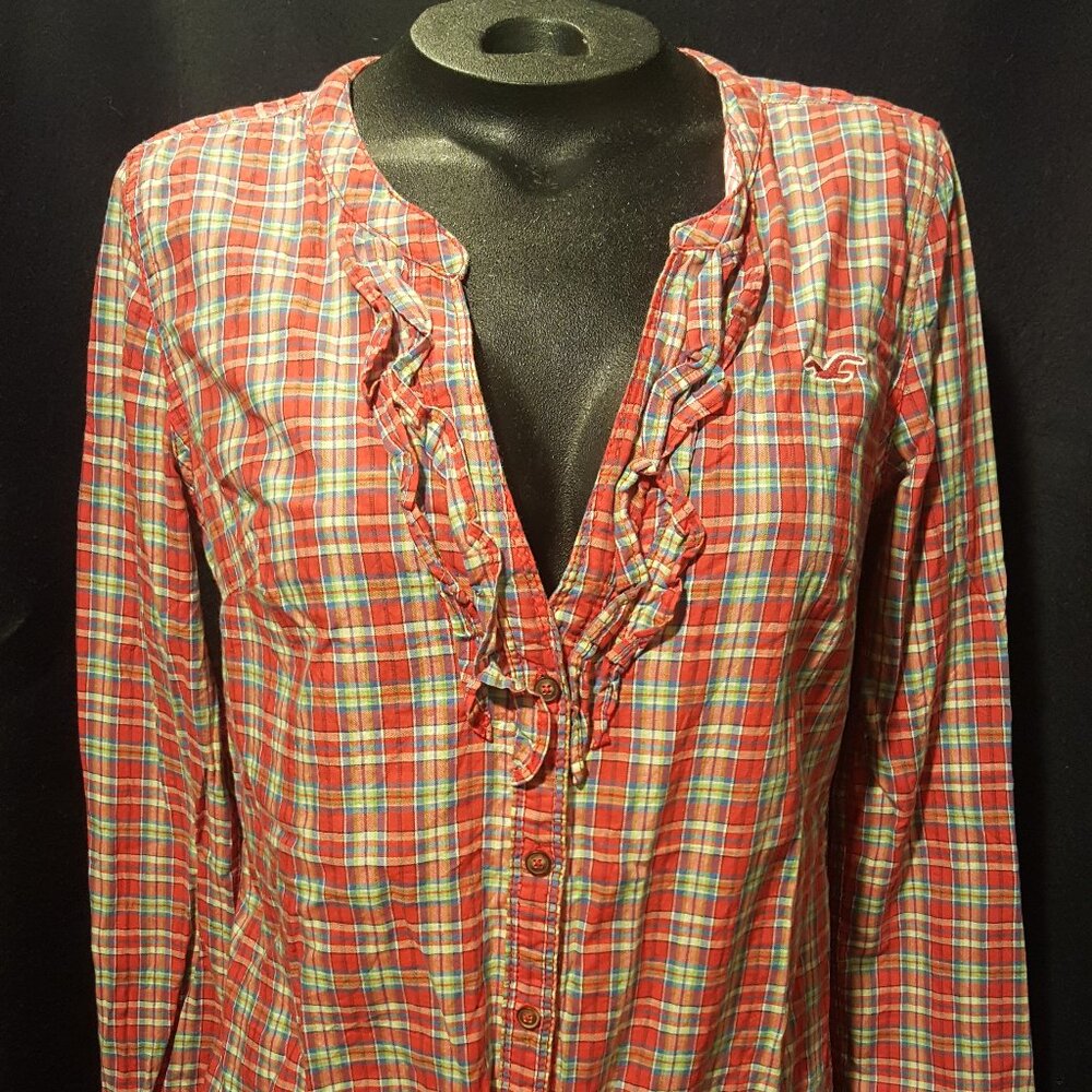 Hollister Orange Multicolor Plaid Ruffle V Neck Long Sleeve Button Down